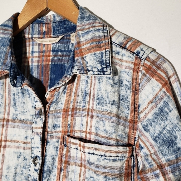 Soft Surroundings Chambray Acid Washed Plaid Tunic Top‎ XS Blue Rust - Picture 2 of 6